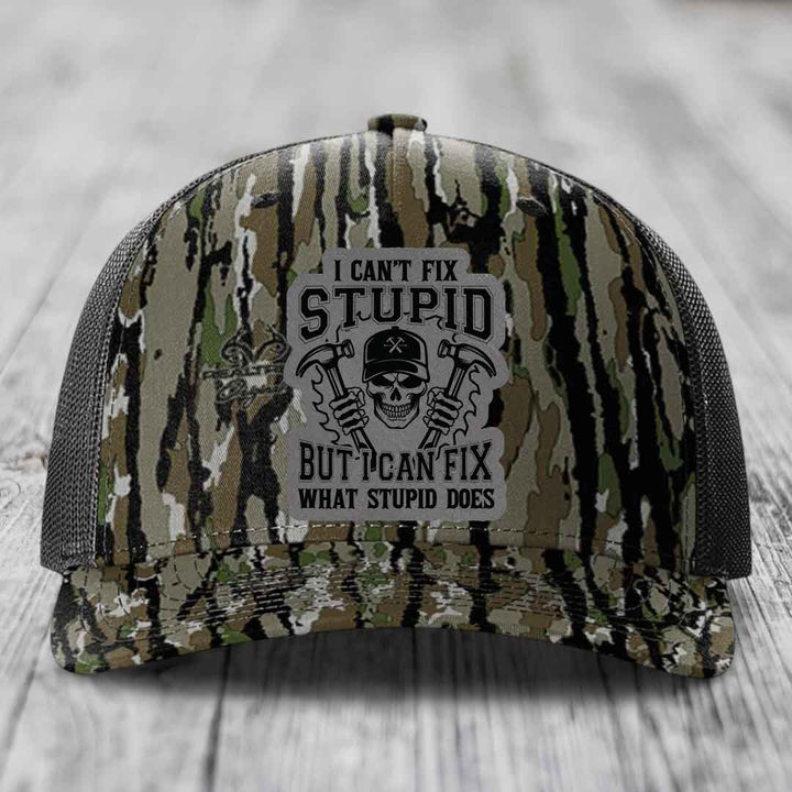 I Cant Fix Stupid But I Can Fix What Stupid Does - Leather Patch Hat - Grey to Black Patch - Richardson 112PFP Snapback Trucker Hat