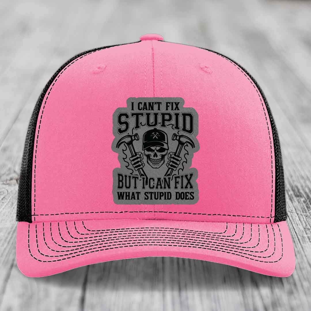 I Cant Fix Stupid But I Can Fix What Stupid Does - Leather Patch Hat - Grey to Black Patch - Richardson 112 Snapback Trucker Hat