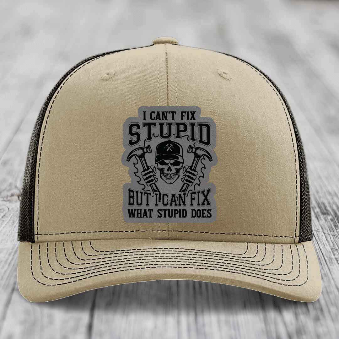 I Cant Fix Stupid But I Can Fix What Stupid Does - Leather Patch Hat - Grey to Black Patch - Richardson 112 Snapback Trucker Hat