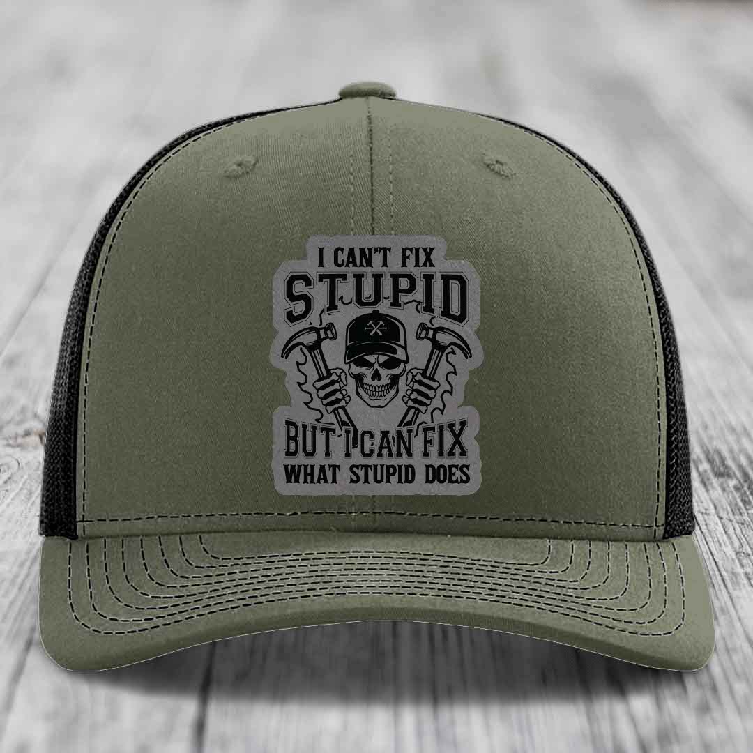 I Cant Fix Stupid But I Can Fix What Stupid Does - Leather Patch Hat - Grey to Black Patch - Richardson 112 Snapback Trucker Hat