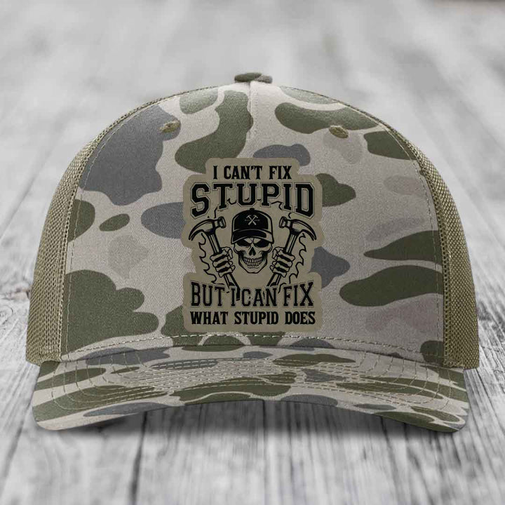 I Cant Fix Stupid But I Can Fix What Stupid Does - Leather Patch Hat - Light Brown to Black Patch - Richardson 112PFP Snapback Trucker Hat