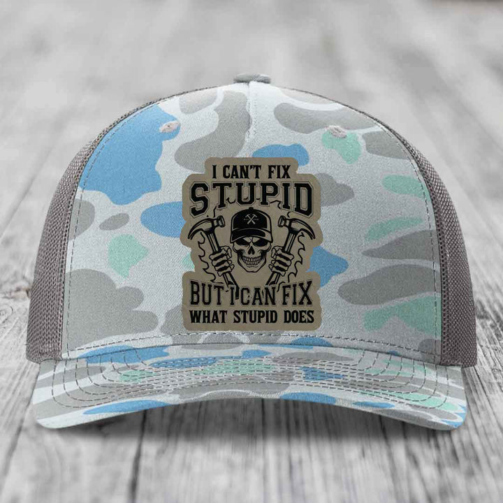 I Cant Fix Stupid But I Can Fix What Stupid Does - Leather Patch Hat - Light Brown to Black Patch - Richardson 112PFP Snapback Trucker Hat