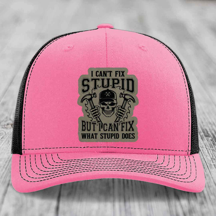 I Cant Fix Stupid But I Can Fix What Stupid Does - Leather Patch Hat - Light Brown to Black Patch - Richardson 112 Snapback Trucker Hat