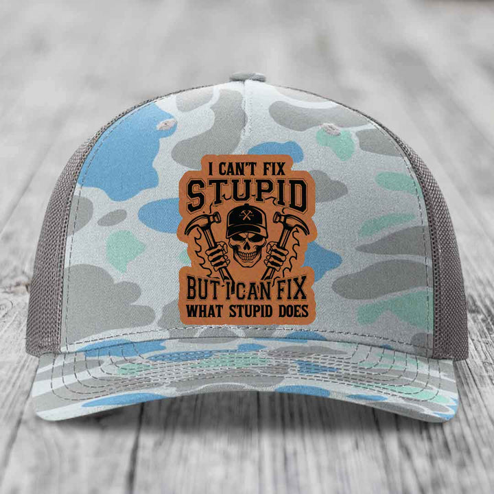 I Cant Fix Stupid But I Can Fix What Stupid Does - Leather Patch Hat - Rawhide to Black Patch - Richardson 112PFP Snapback Trucker Hat