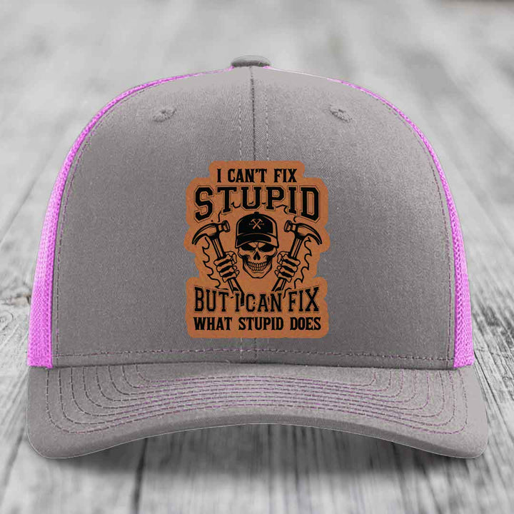 I Cant Fix Stupid But I Can Fix What Stupid Does - Leather Patch Hat - Rawhide to Black Patch - Richardson 112 Snapback Trucker Hat