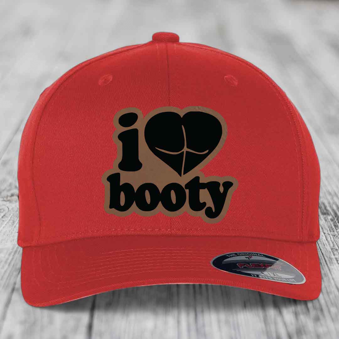 I Love Booty - Leather Patch Hat - Dark Brown to Black Patch - Flexfit 6277 Fitted Hat