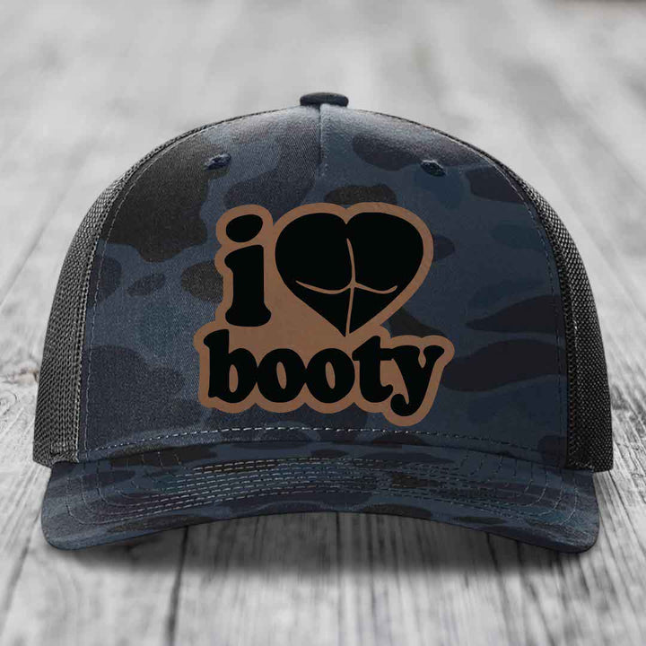 I Love Booty - Leather Patch Hat - Dark Brown to Black Patch - Richardson 112PFP Snapback Trucker Hat