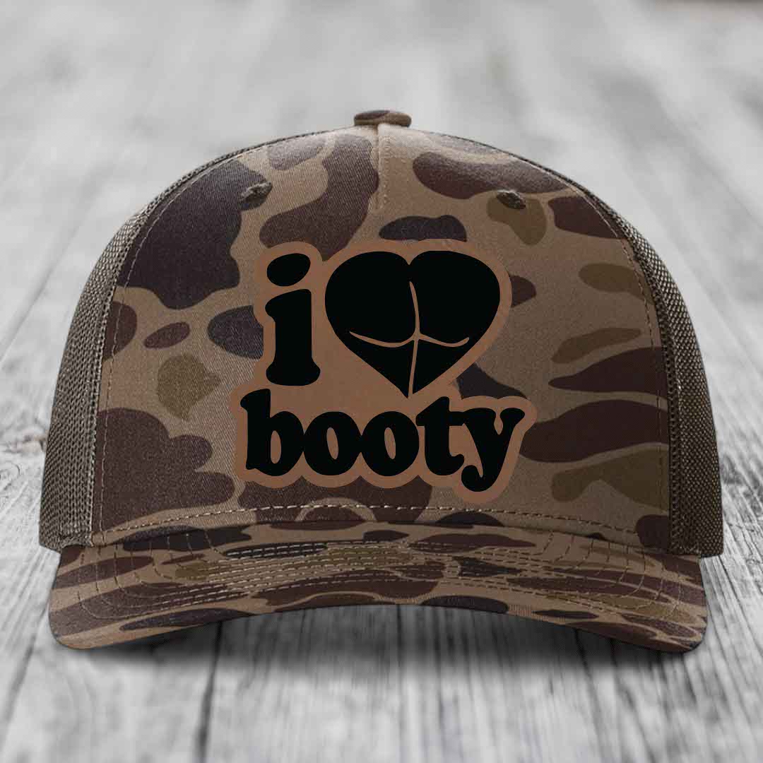 I Love Booty - Leather Patch Hat - Dark Brown to Black Patch - Richardson 112PFP Snapback Trucker Hat