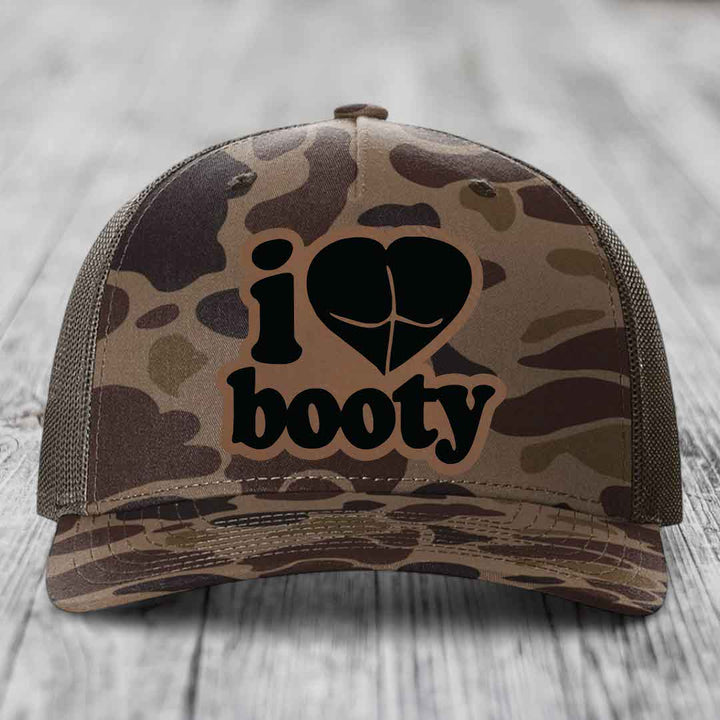 I Love Booty - Leather Patch Hat - Dark Brown to Black Patch - Richardson 112PFP Snapback Trucker Hat