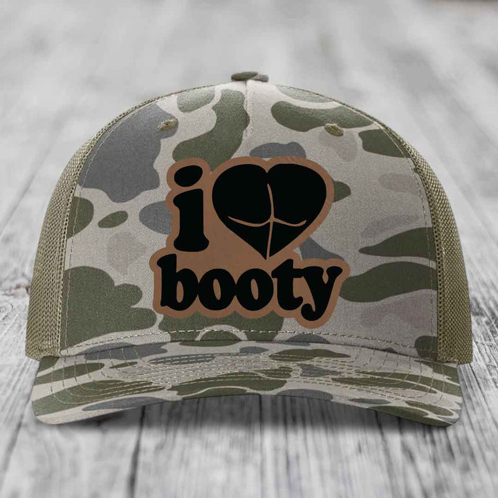 I Love Booty - Leather Patch Hat - Dark Brown to Black Patch - Richardson 112PFP Snapback Trucker Hat