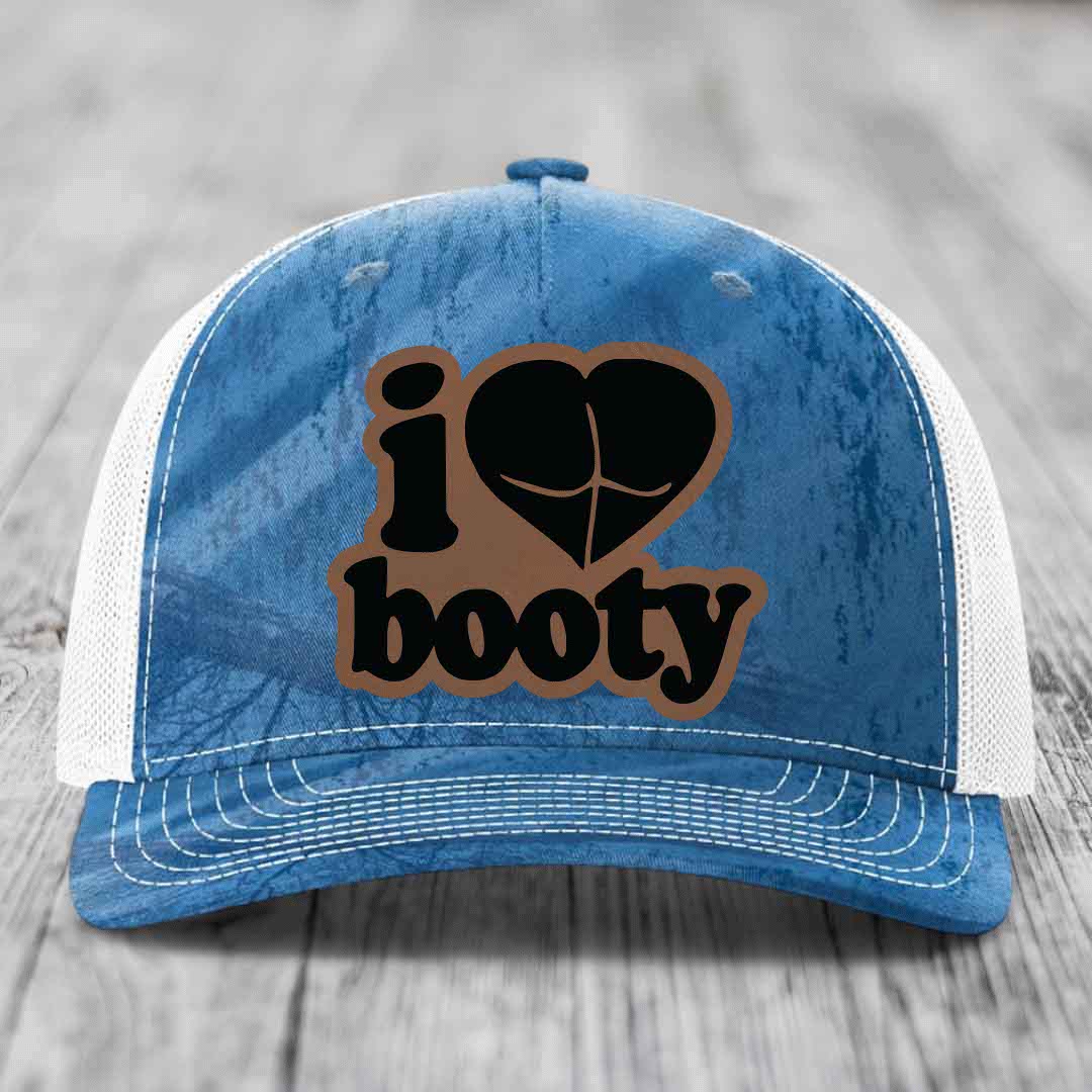 I Love Booty - Leather Patch Hat - Dark Brown to Black Patch - Richardson 112PFP Snapback Trucker Hat