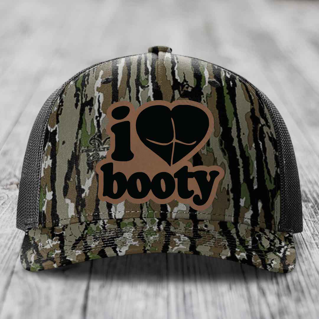 I Love Booty - Leather Patch Hat - Dark Brown to Black Patch - Richardson 112PFP Snapback Trucker Hat