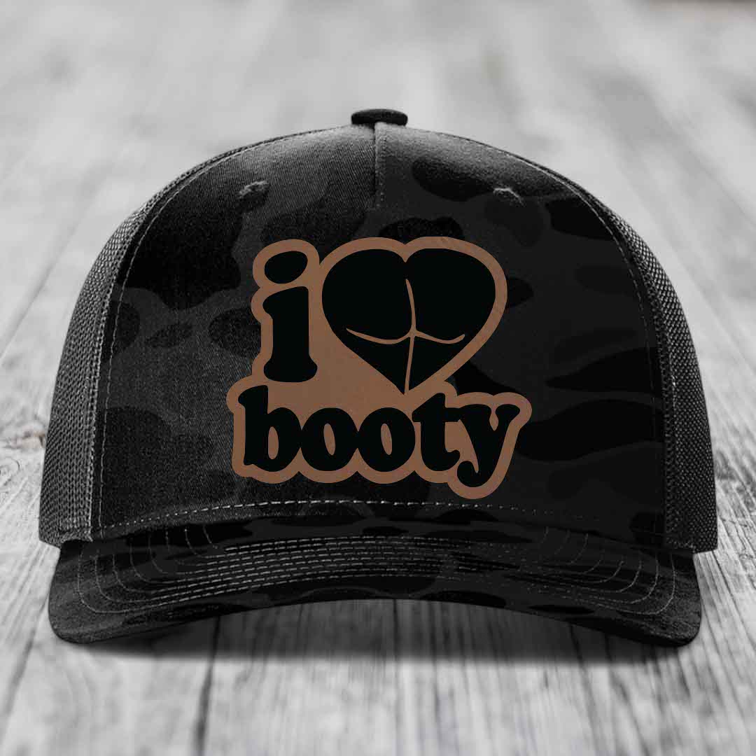 I Love Booty - Leather Patch Hat - Dark Brown to Black Patch - Richardson 112PFP Snapback Trucker Hat
