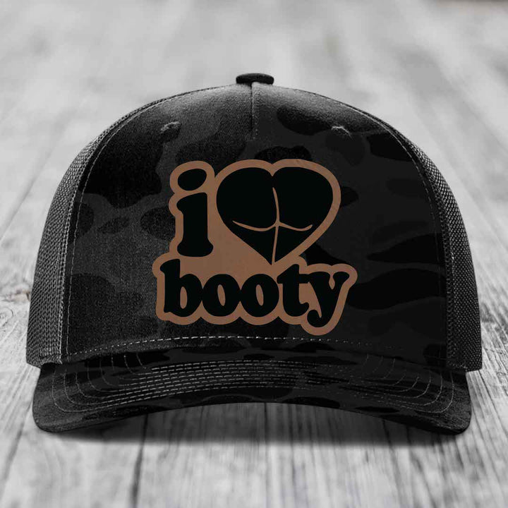 I Love Booty - Leather Patch Hat - Dark Brown to Black Patch - Richardson 112PFP Snapback Trucker Hat