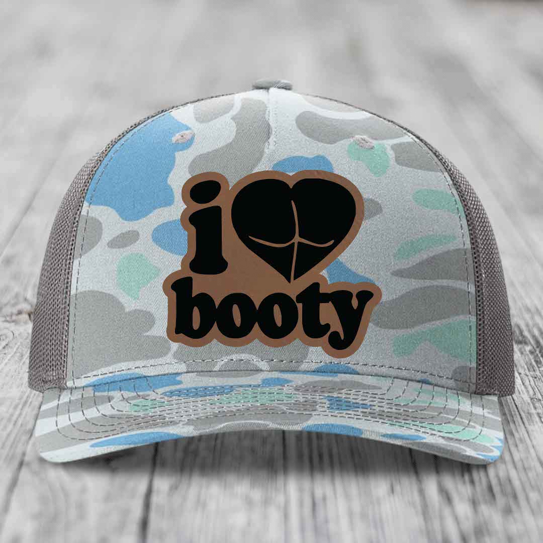 I Love Booty - Leather Patch Hat - Dark Brown to Black Patch - Richardson 112PFP Snapback Trucker Hat