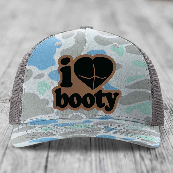 I Love Booty - Leather Patch Hat - Dark Brown to Black Patch - Richardson 112PFP Snapback Trucker Hat