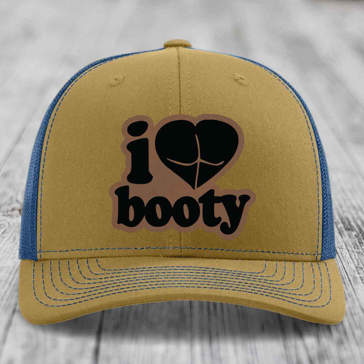 I Love Booty - Leather Patch Hat - Dark Brown to Black Patch - Richardson 112 Snapback Trucker Hat