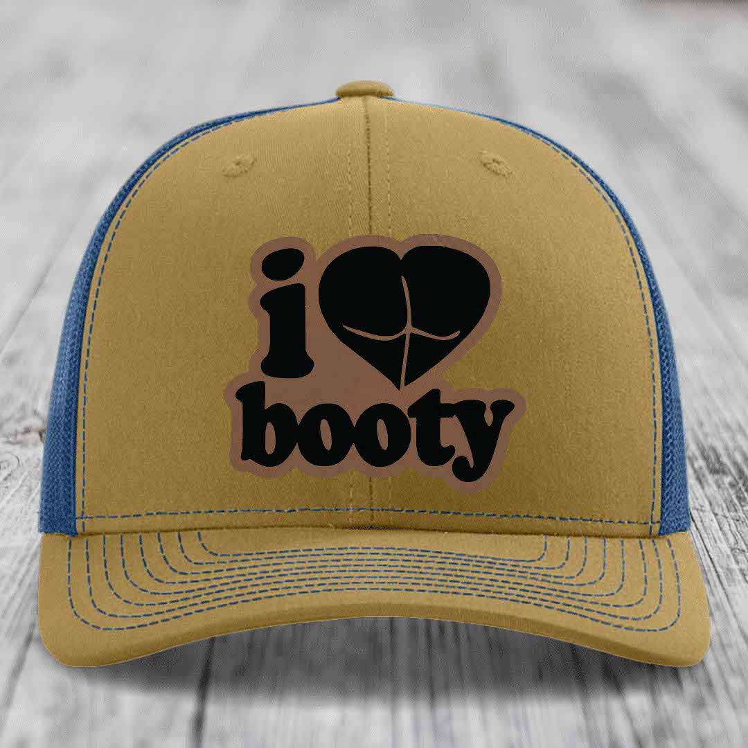 Tan and blue trucker hat with &