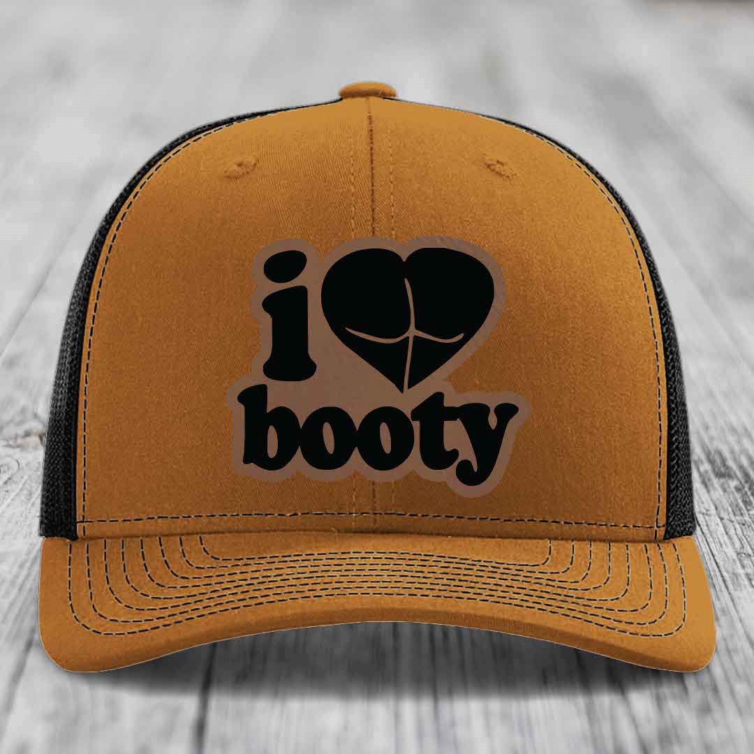 I Love Booty - Leather Patch Hat - Dark Brown to Black Patch - Richardson 112 Snapback Trucker Hat