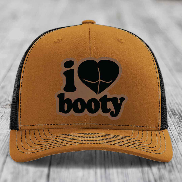 I Love Booty - Leather Patch Hat - Dark Brown to Black Patch - Richardson 112 Snapback Trucker Hat