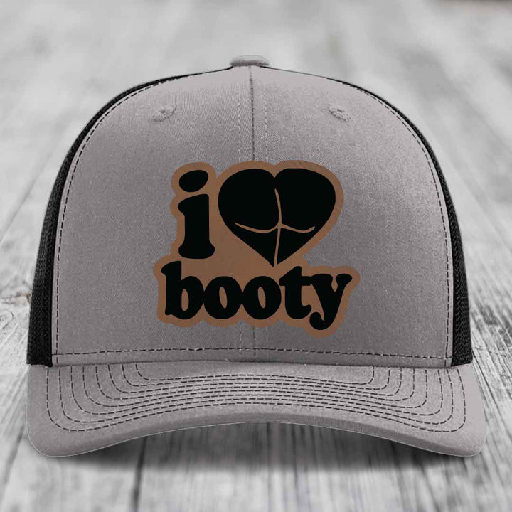 I Love Booty - Leather Patch Hat - Dark Brown to Black Patch - Richardson 112 Snapback Trucker Hat