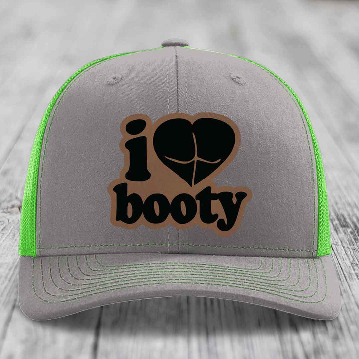 I Love Booty - Leather Patch Hat - Dark Brown to Black Patch - Richardson 112 Snapback Trucker Hat
