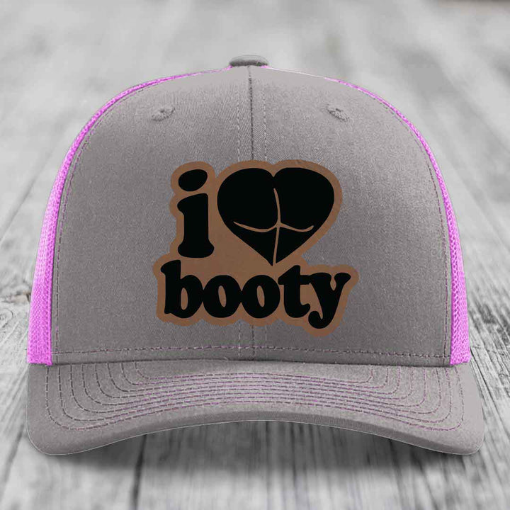 I Love Booty - Leather Patch Hat - Dark Brown to Black Patch - Richardson 112 Snapback Trucker Hat