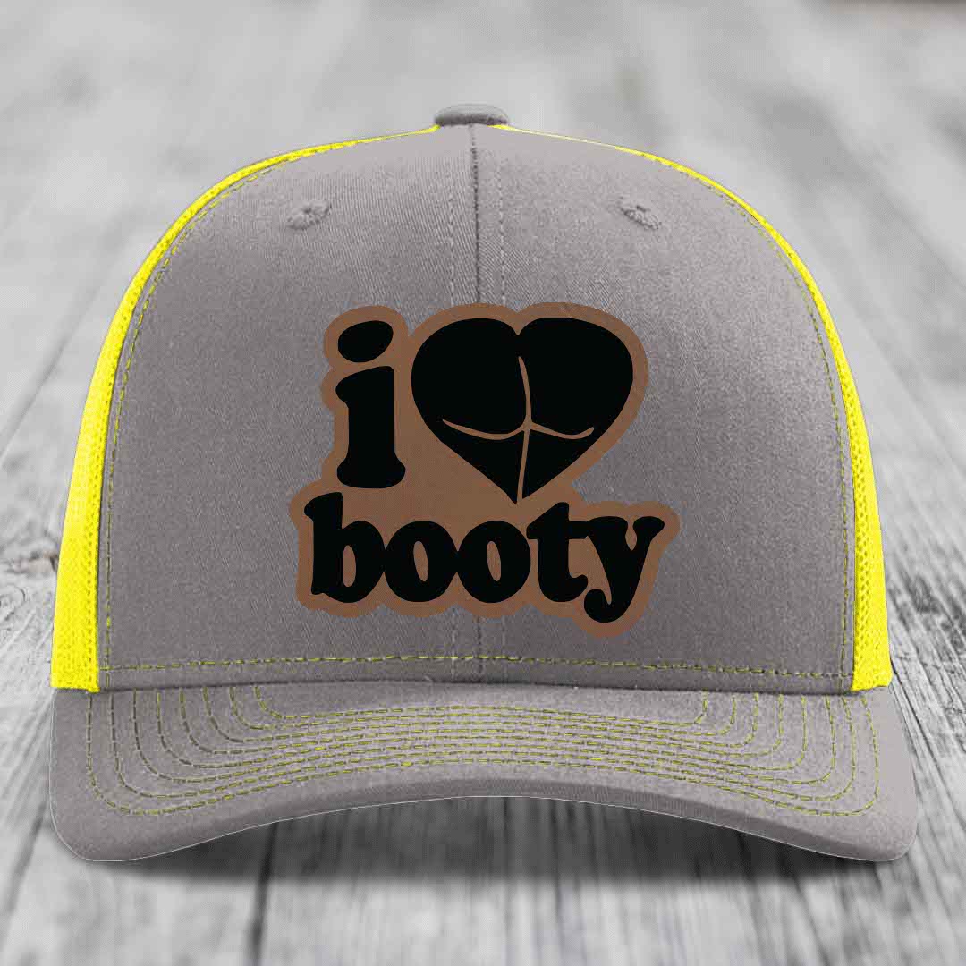 I Love Booty - Leather Patch Hat - Dark Brown to Black Patch - Richardson 112 Snapback Trucker Hat