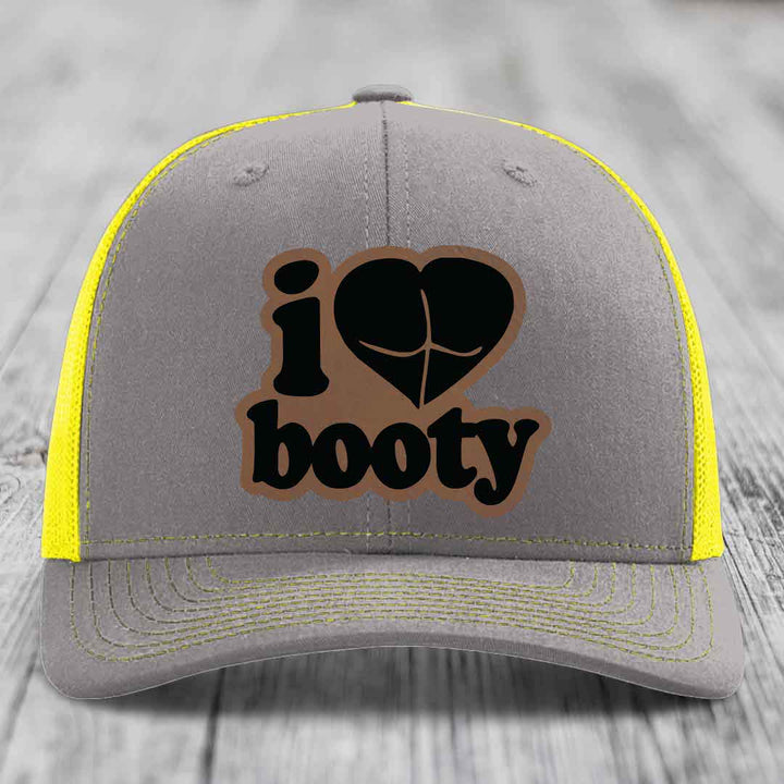 I Love Booty - Leather Patch Hat - Dark Brown to Black Patch - Richardson 112 Snapback Trucker Hat