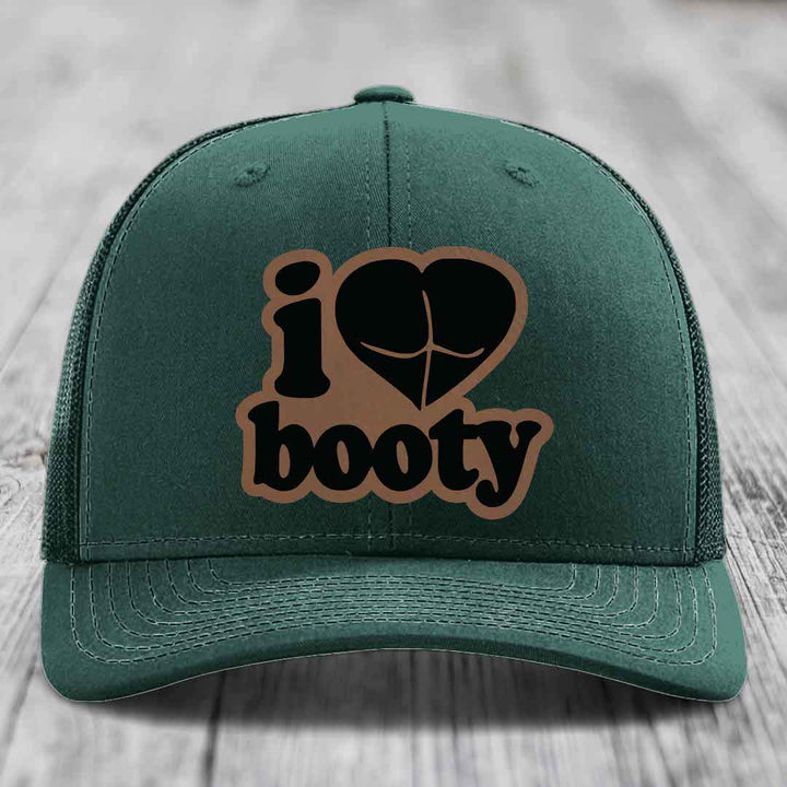 I Love Booty - Leather Patch Hat - Dark Brown to Black Patch - Richardson 112 Snapback Trucker Hat