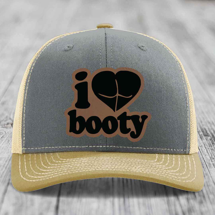 I Love Booty - Leather Patch Hat - Dark Brown to Black Patch - Richardson 112 Snapback Trucker Hat