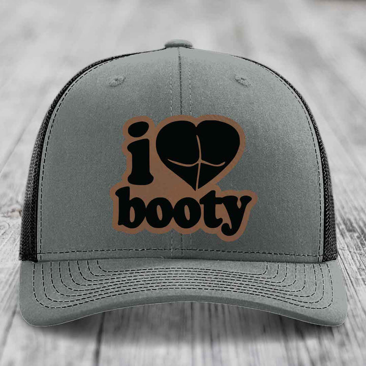 I Love Booty - Leather Patch Hat - Dark Brown to Black Patch - Richardson 112 Snapback Trucker Hat