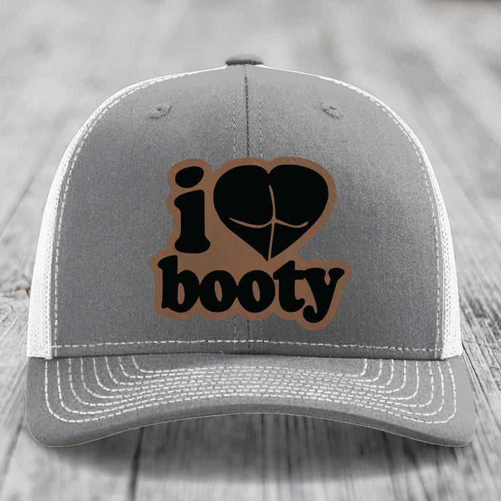 I Love Booty - Leather Patch Hat - Dark Brown to Black Patch - Richardson 112 Snapback Trucker Hat
