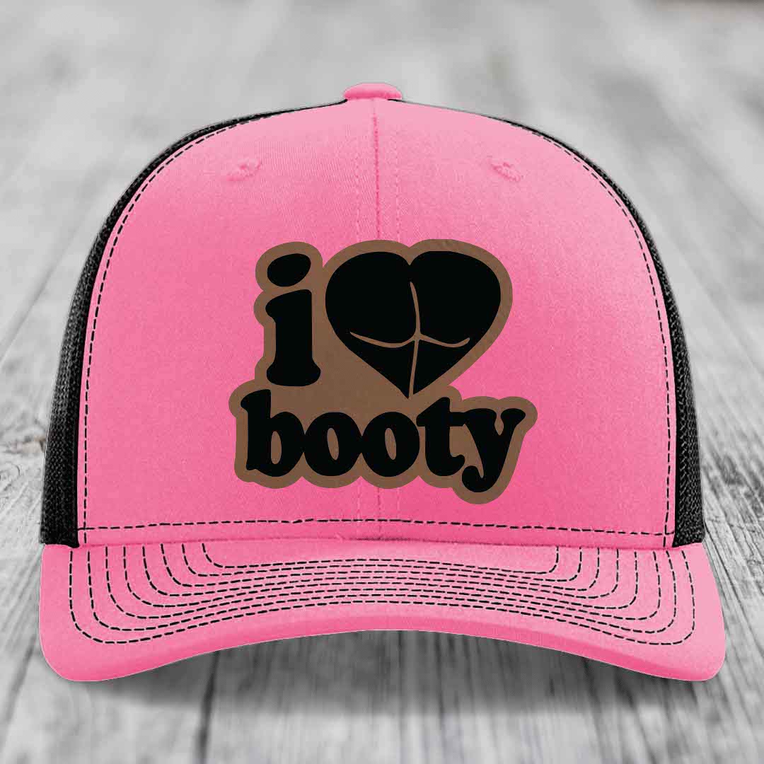 I Love Booty - Leather Patch Hat - Dark Brown to Black Patch - Richardson 112 Snapback Trucker Hat