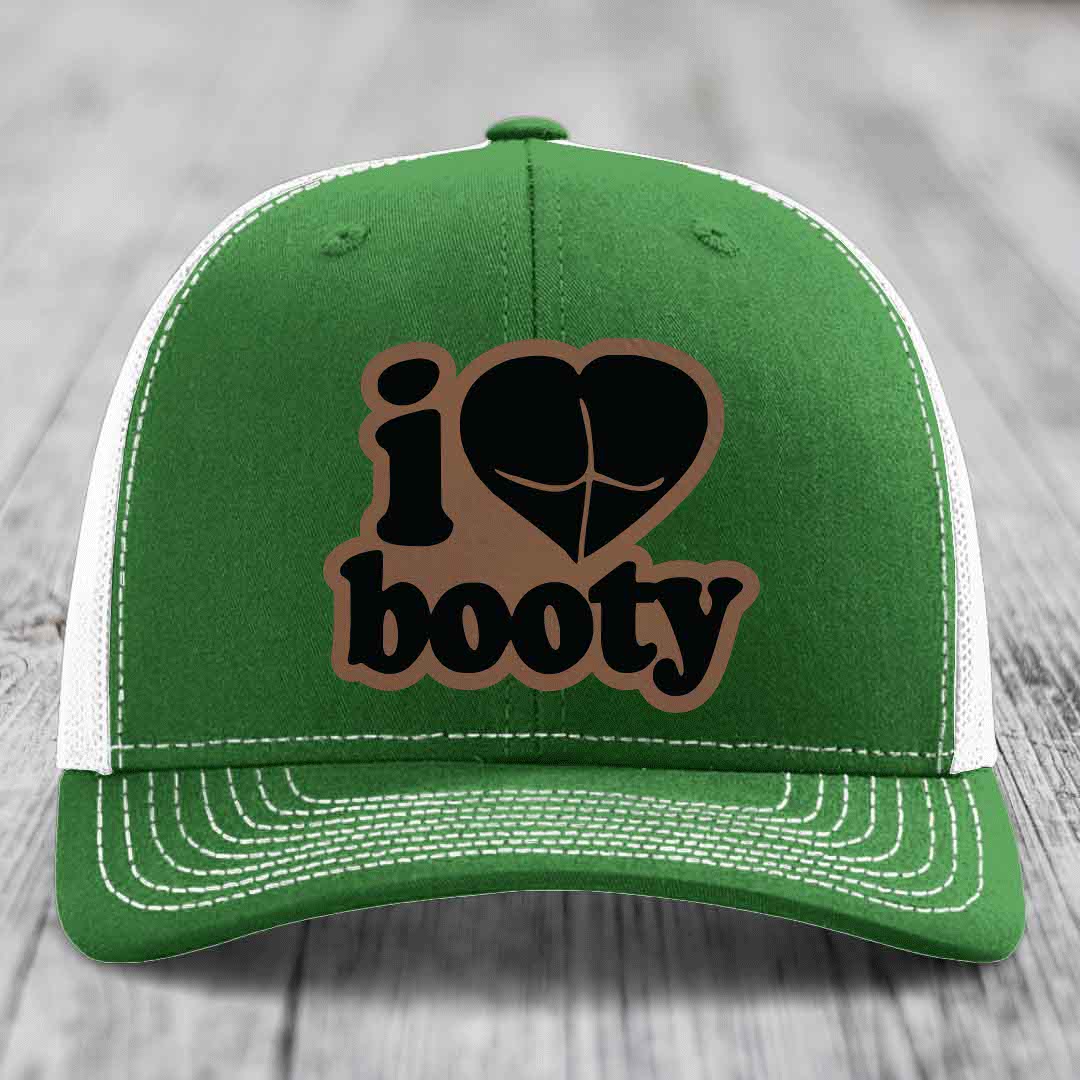 I Love Booty - Leather Patch Hat - Dark Brown to Black Patch - Richardson 112 Snapback Trucker Hat