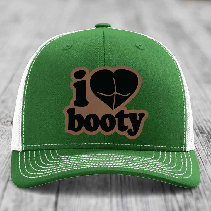 I Love Booty - Leather Patch Hat - Dark Brown to Black Patch - Richardson 112 Snapback Trucker Hat