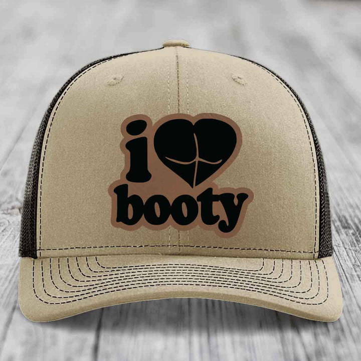 I Love Booty - Leather Patch Hat - Dark Brown to Black Patch - Richardson 112 Snapback Trucker Hat