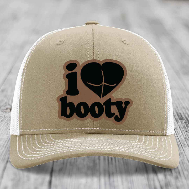 I Love Booty - Leather Patch Hat - Dark Brown to Black Patch - Richardson 112 Snapback Trucker Hat