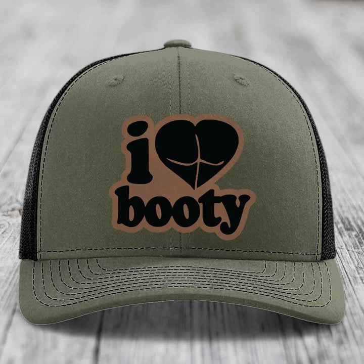 I Love Booty - Leather Patch Hat - Dark Brown to Black Patch - Richardson 112 Snapback Trucker Hat