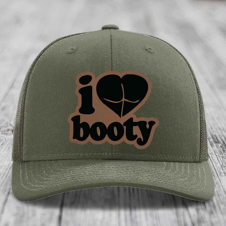 I Love Booty - Leather Patch Hat - Dark Brown to Black Patch - Richardson 112 Snapback Trucker Hat
