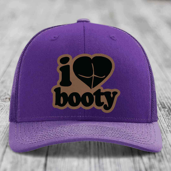 I Love Booty - Leather Patch Hat - Dark Brown to Black Patch - Richardson 112 Snapback Trucker Hat