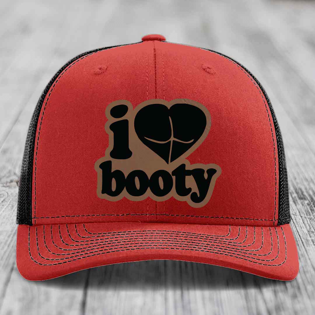 I Love Booty - Leather Patch Hat - Dark Brown to Black Patch - Richardson 112 Snapback Trucker Hat