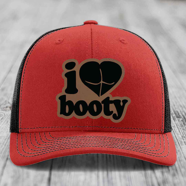 I Love Booty - Leather Patch Hat - Dark Brown to Black Patch - Richardson 112 Snapback Trucker Hat