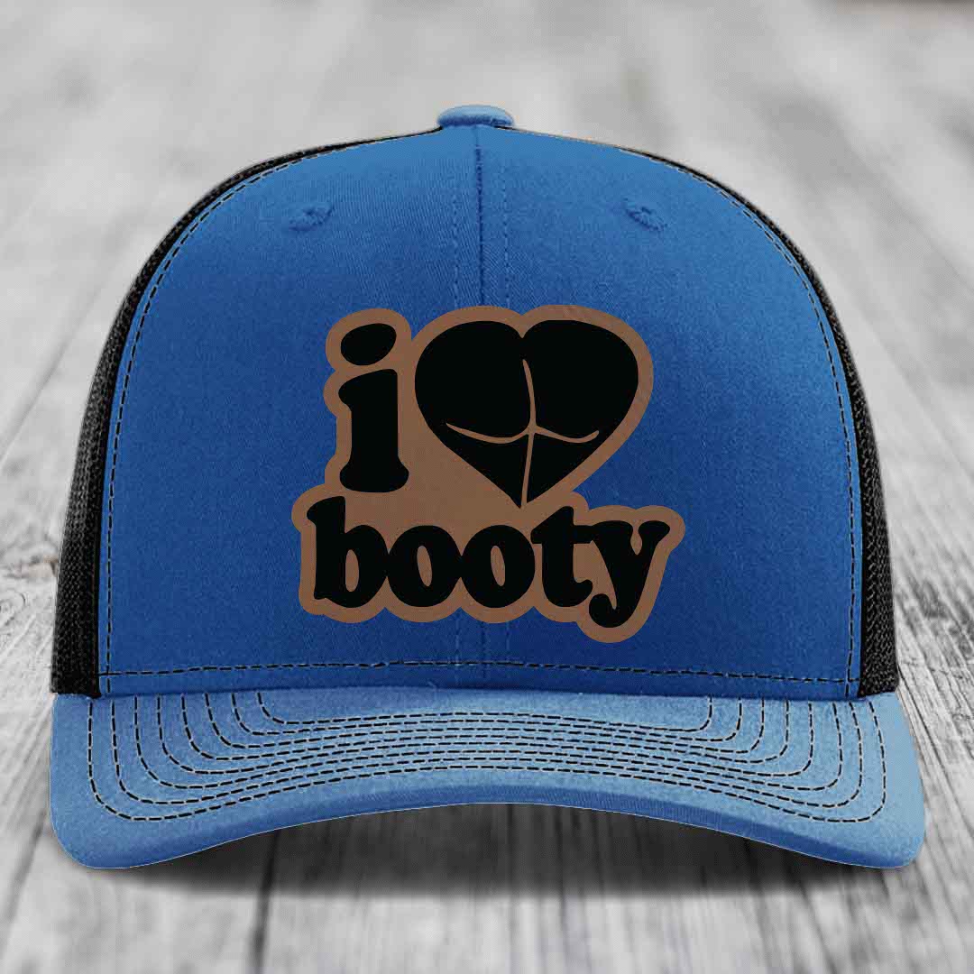 I Love Booty - Leather Patch Hat - Dark Brown to Black Patch - Richardson 112 Snapback Trucker Hat
