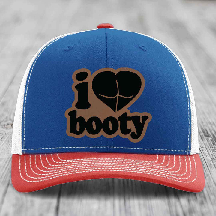I Love Booty - Leather Patch Hat - Dark Brown to Black Patch - Richardson 112 Snapback Trucker Hat