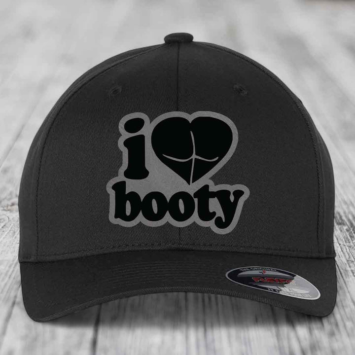 I Love Booty - Leather Patch Hat - Grey to Black Patch - Flexfit 6277 Fitted Hat