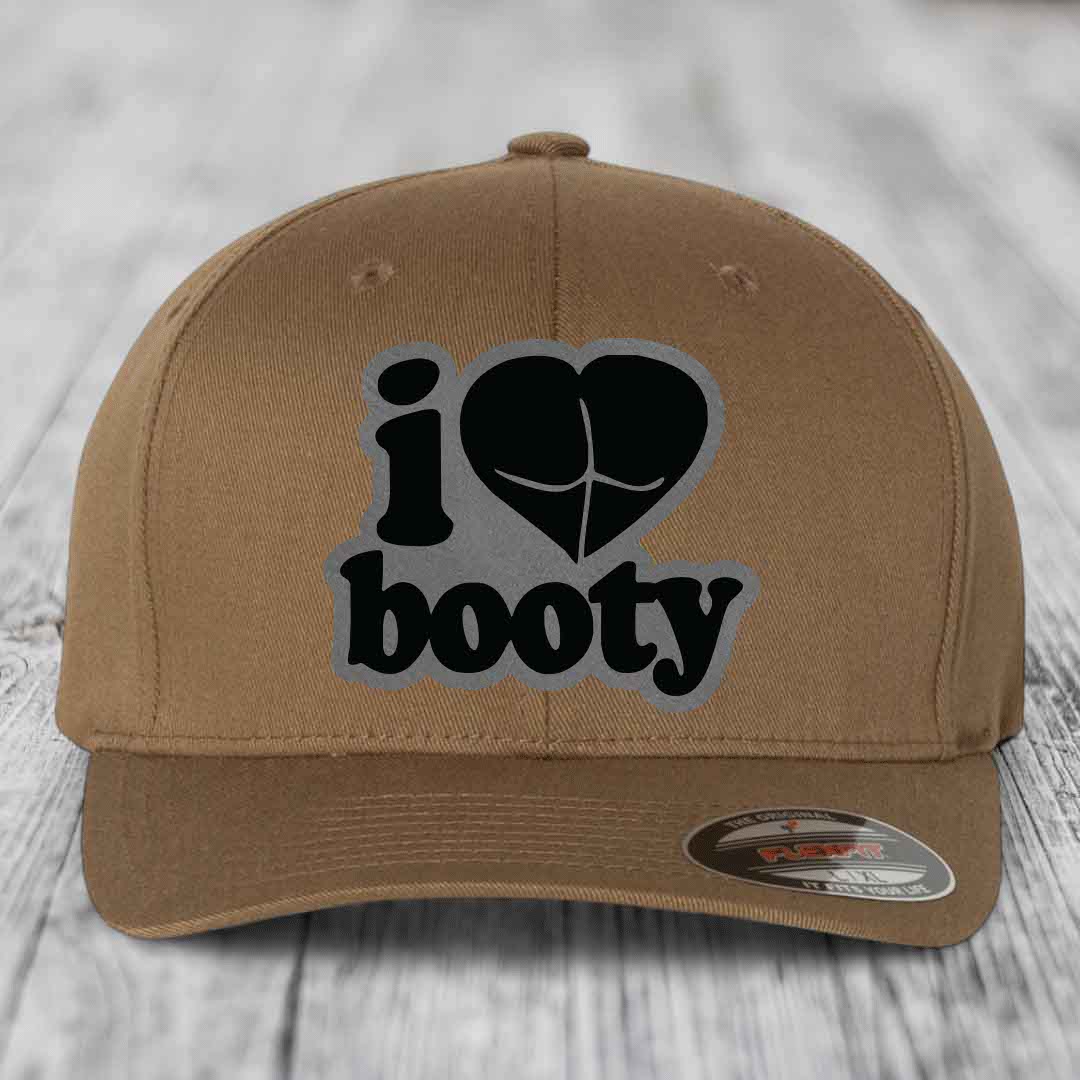 I Love Booty - Leather Patch Hat - Grey to Black Patch - Flexfit 6277 Fitted Hat