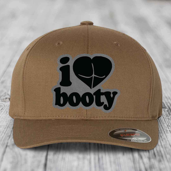 I Love Booty - Leather Patch Hat - Grey to Black Patch - Flexfit 6277 Fitted Hat