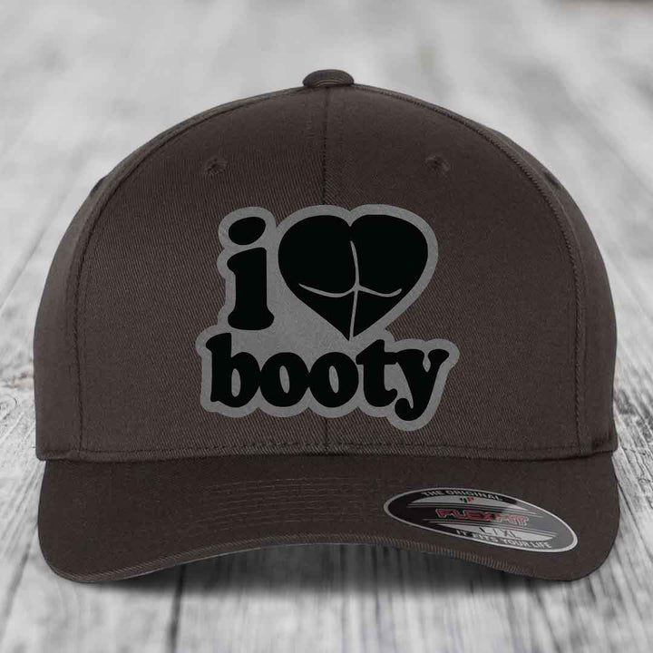 I Love Booty - Leather Patch Hat - Grey to Black Patch - Flexfit 6277 Fitted Hat