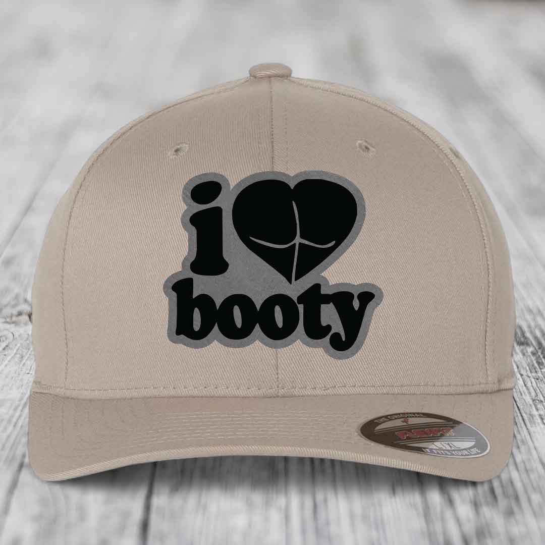 I Love Booty - Leather Patch Hat - Grey to Black Patch - Flexfit 6277 Fitted Hat